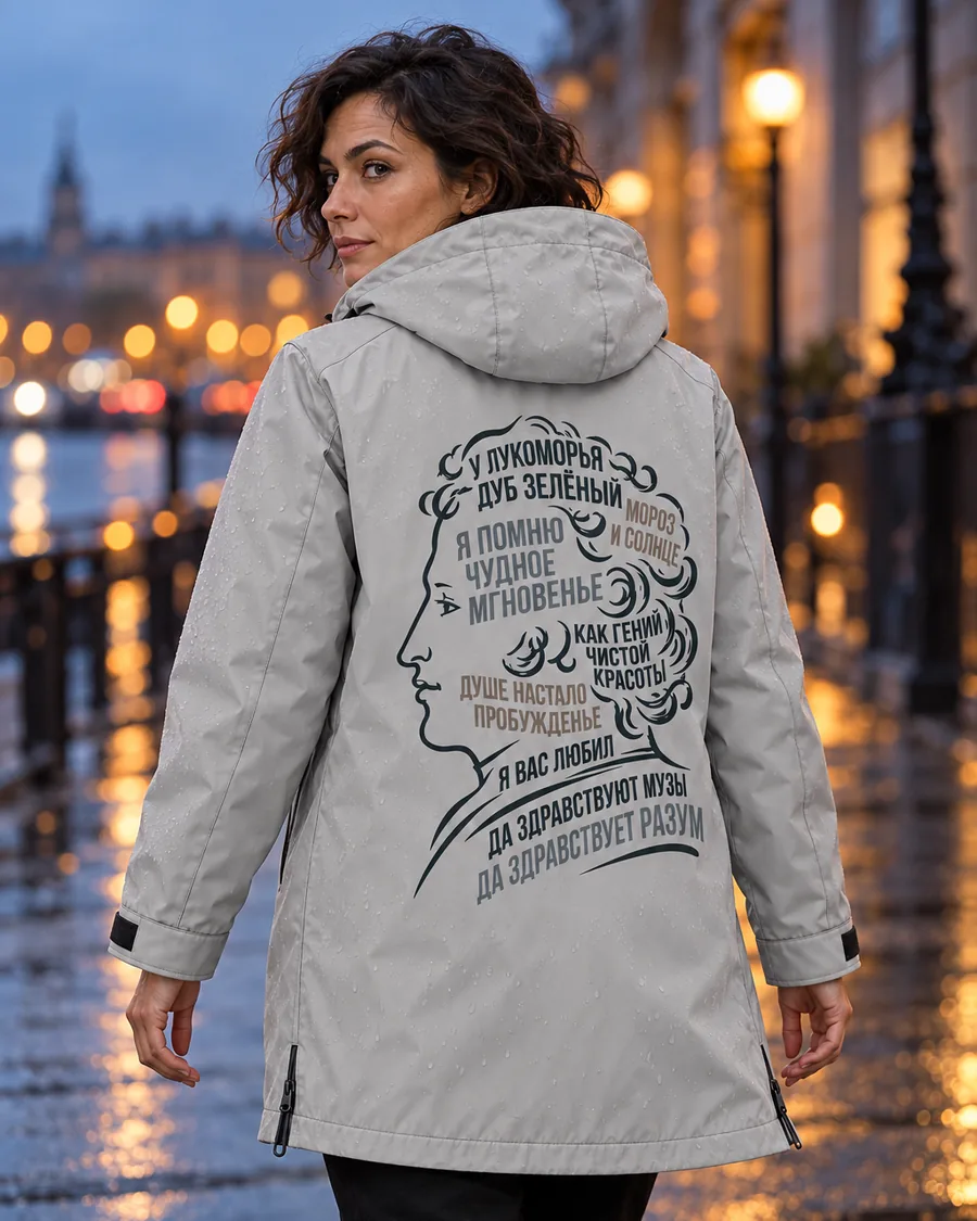 Grey hooded raincoat with a large graphic back print, evening embankment