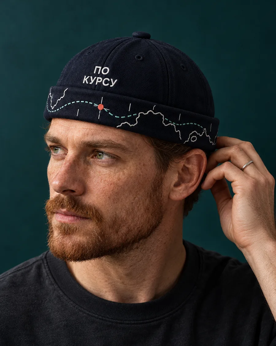 Navy docker jacket with hem embroidery and the text «ПО КУРСУ», male portrait