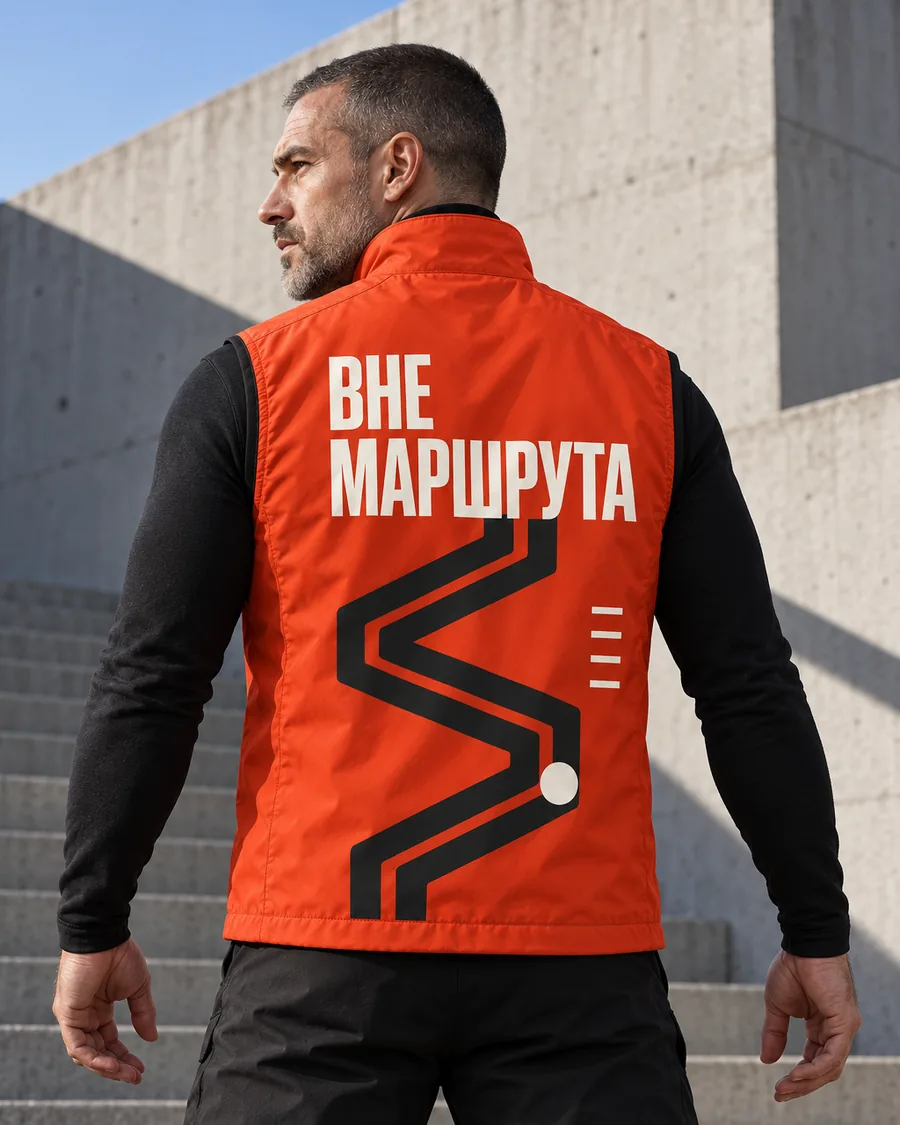 Orange vest with a large back print, a man on a concrete staircase