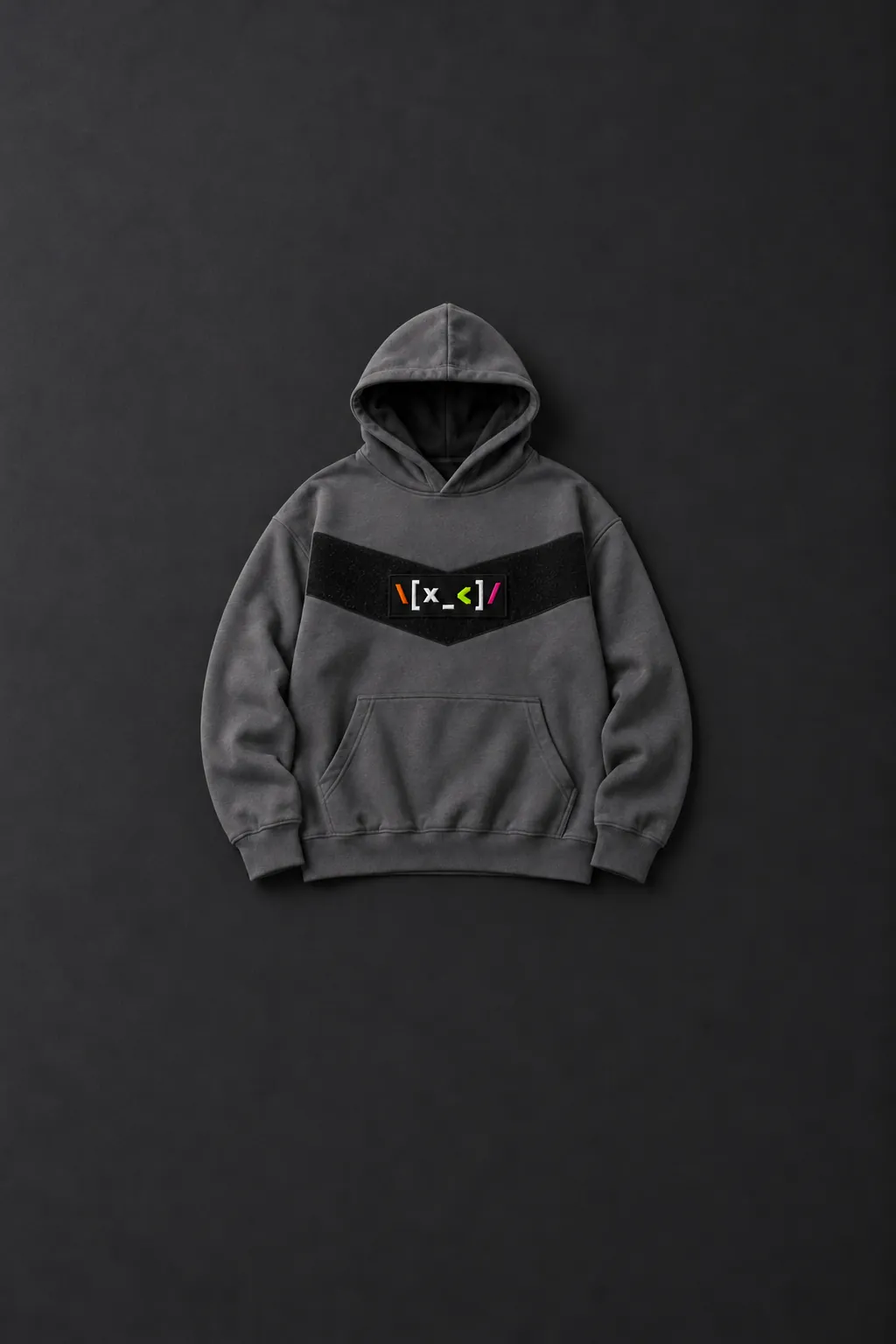 Graphite hoodie with a black velcro panel and a МЕРЧ КУТОНИ logo patch