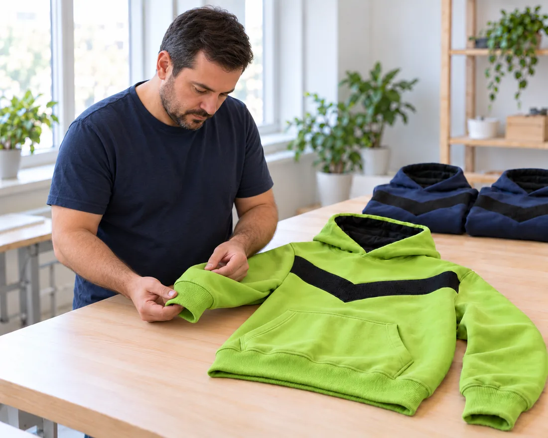 A craftsman checks the sleeve of a lime hoodie before dispatch