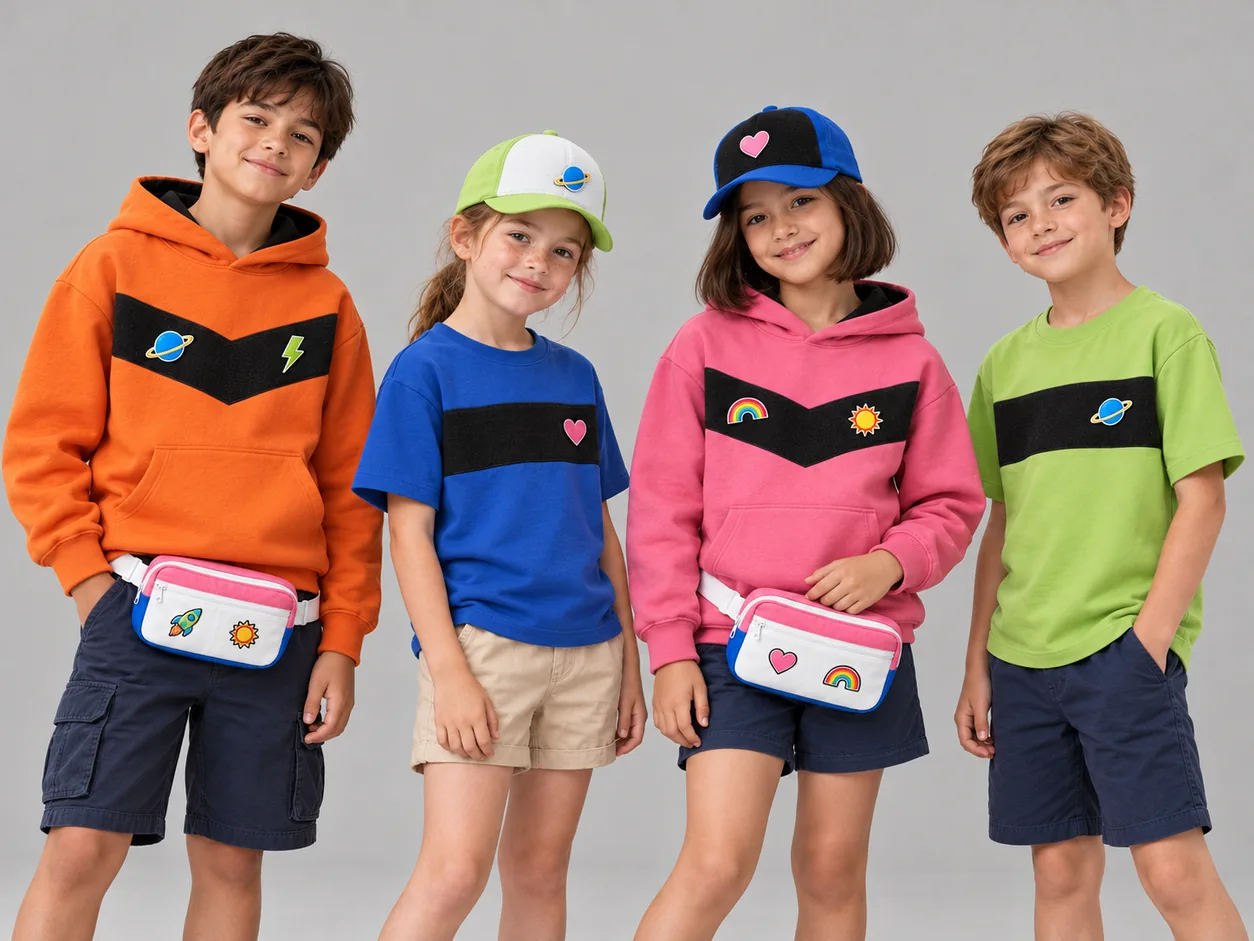 Four kids in bright hoodies and tees with swappable patches and belt bags