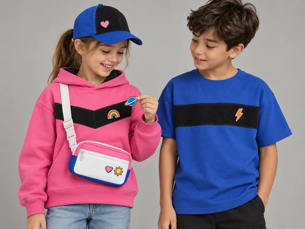 A girl and a boy in bright hoodie and tee swapping velcro patches