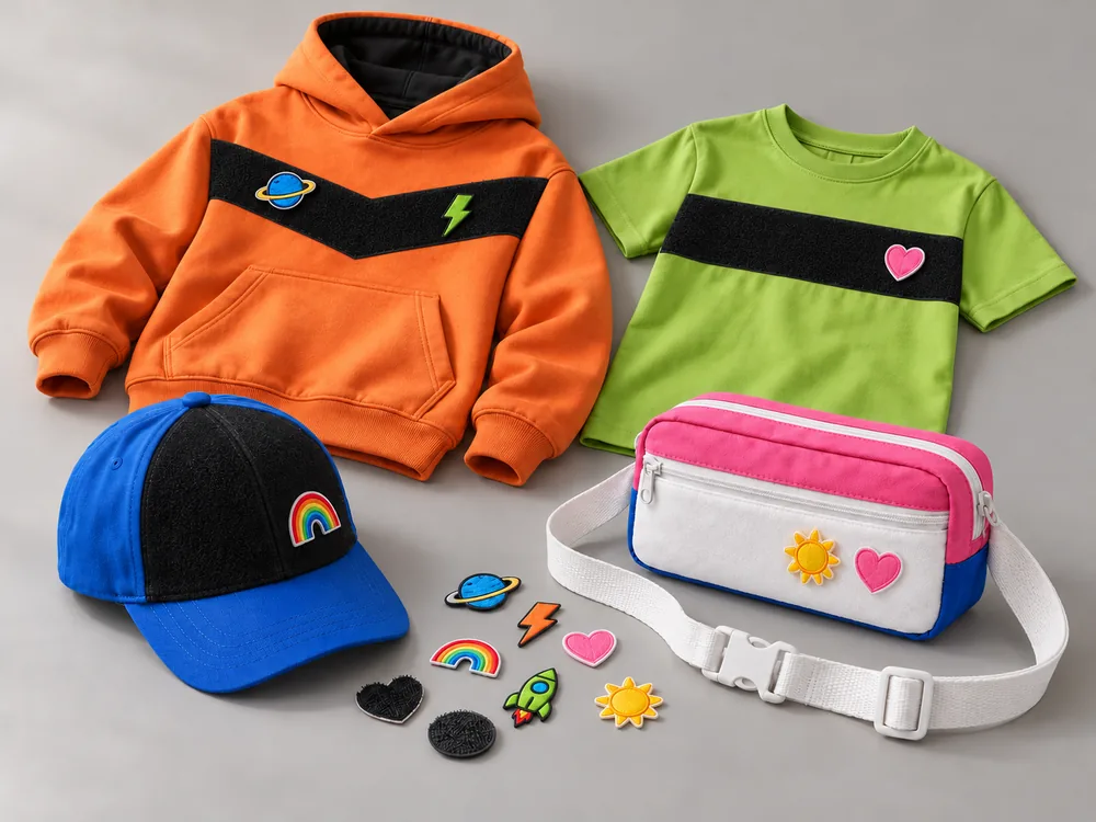 Kids kit: orange hoodie, lime tee, cap, belt bag and a scatter of patches