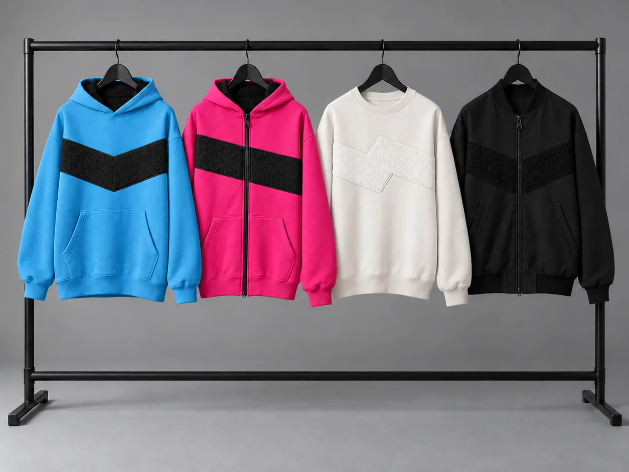 Hoodie, zip hoodie, sweatshirt and bomber on a rail with velcro inserts