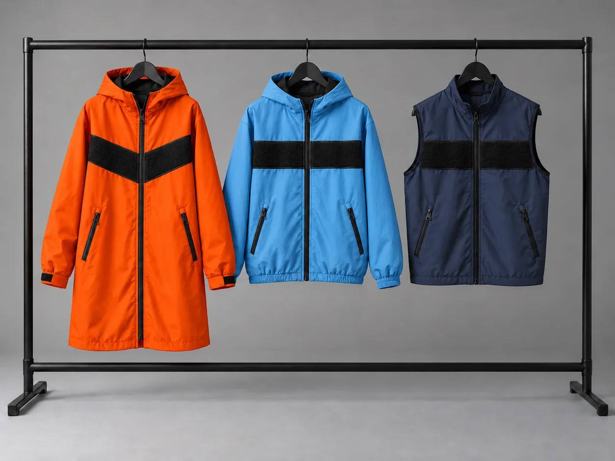 Raincoat, windbreaker and vest on a rail with velcro panels