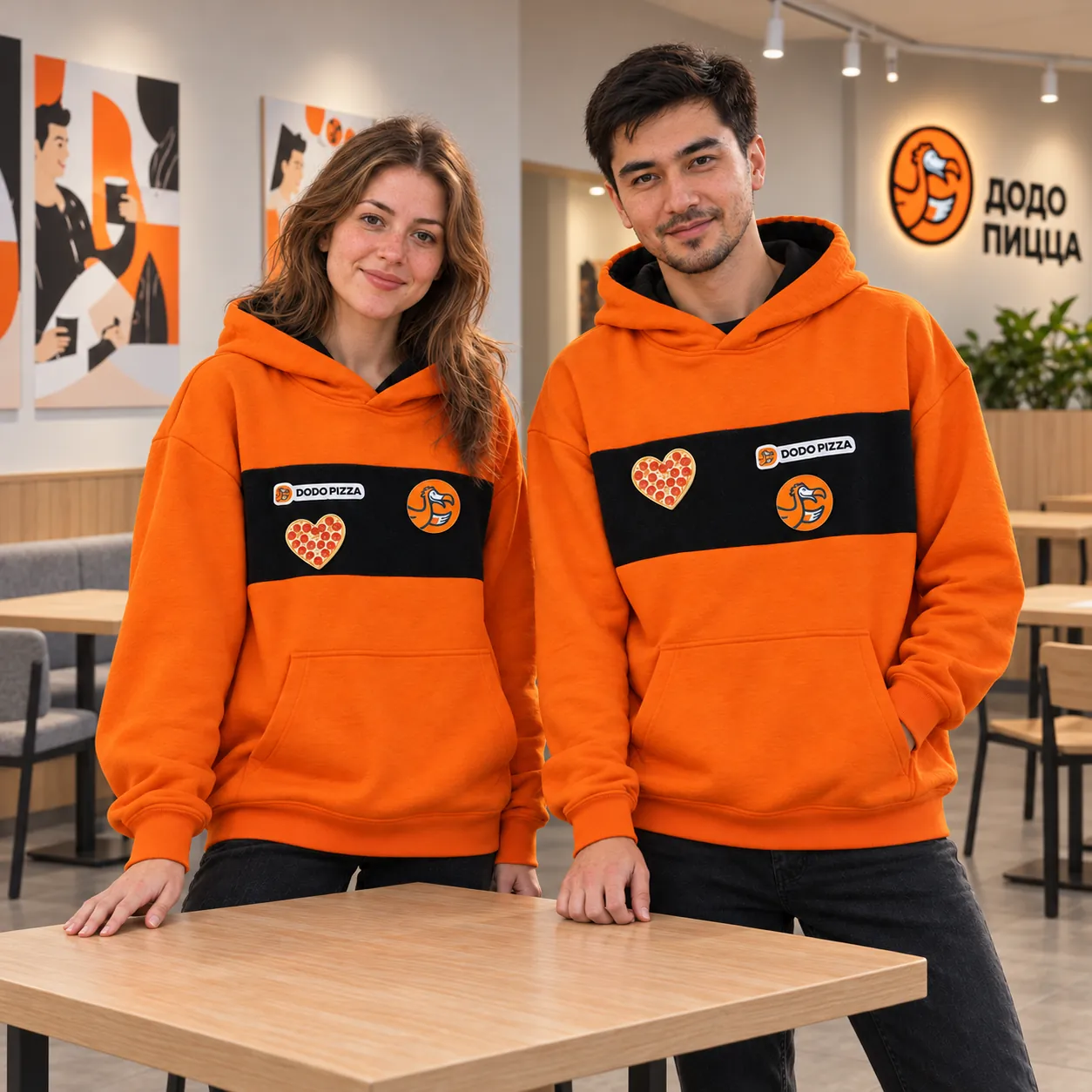 Двое сотрудников в оранжевых худи с чёрной велкро-вставкой и патчами Dodo Pizza